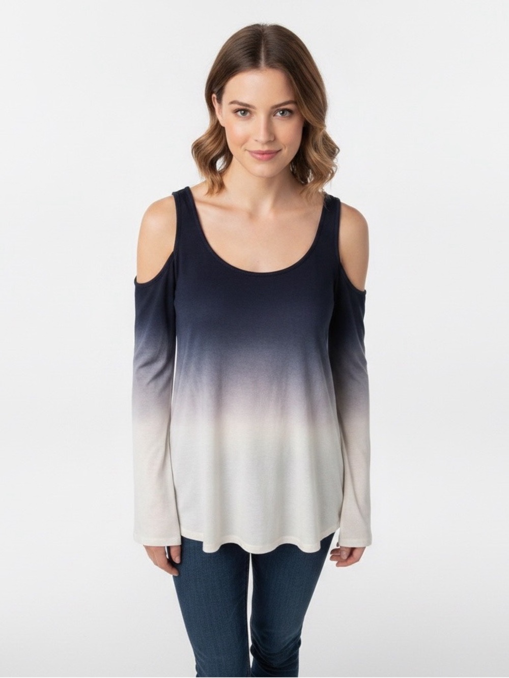 NYTT Black-to-Cream Cold Shoulder Ombre Long-Sleeve Top